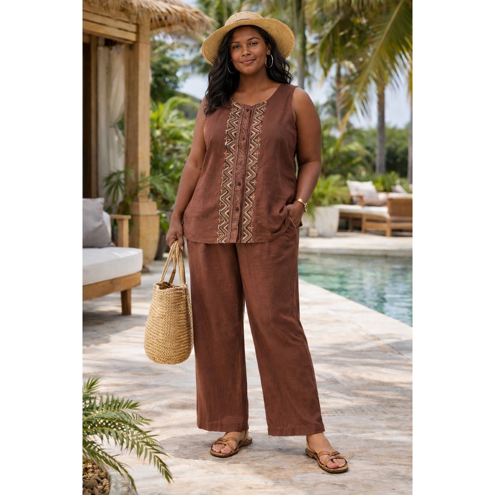 Linen Blend Embroidered Brown Top & Pant Set NWT 16P Resort Summer Set